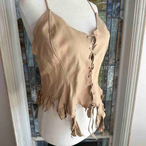 Vintage Handmade Buckskin Leather Fringe Halter Top